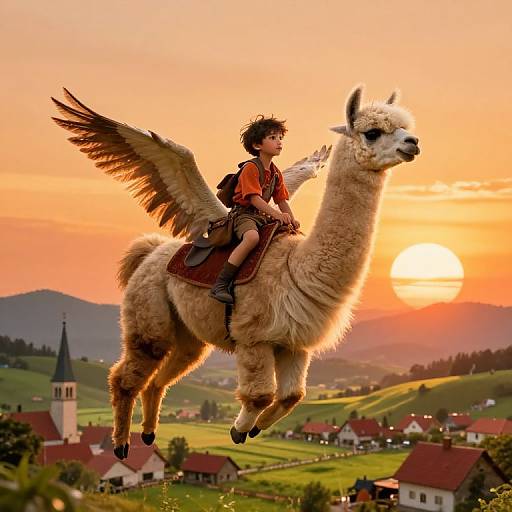 Photograph of a boy with wings riding a flying llama at sunset over a picturesque village with red-roofed houses and green fields.
