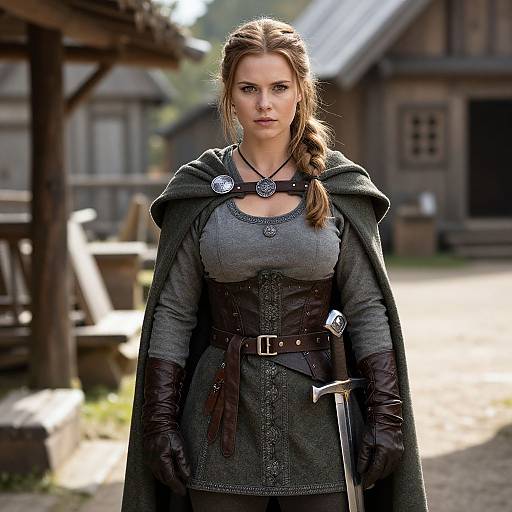 Photograph of a strong, fair-skinned woman with brown hair in a braid, medieval armor, holding a sword, standing in a rustic village