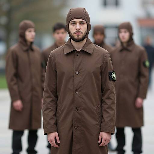 Photograph of a bearded man in a brown hooded coat with a patch, standing in front of four blurred men in similar coats, outdoors in