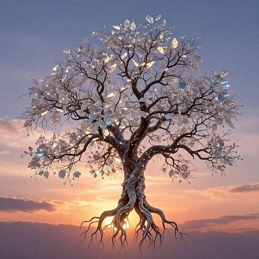 Digital artwork of a fantastical tree with glowing, crystalline leaves against a vibrant sunset sky, roots intertwined at the base.