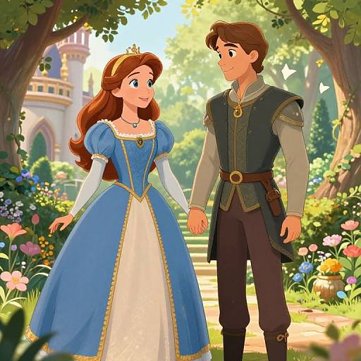 Digital illustration of Disney's Belle and Aladdin-inspired prince holding hands in a sunlit, floral garden pathway with a castle in the background.