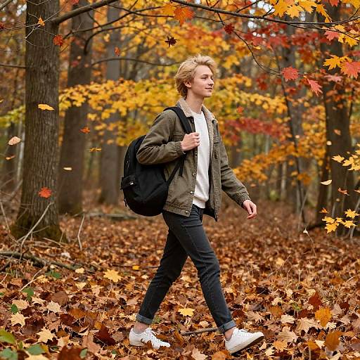 Photograph of a blonde woman with a backpack, wearing a green jacket, white shirt, black jeans, and white sneakers, walking through a colorful autumn