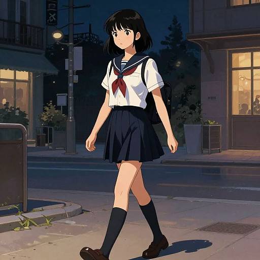 Anime-style digital drawing of a young girl in a white sailor uniform and black skirt walking at night on a suburban street.