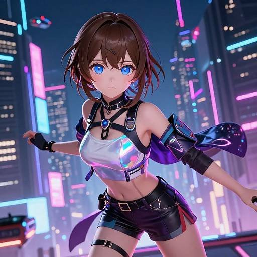 Digital anime-style illustration of a blue-eyed, brown-haired girl in a neon-lit city, wearing a white crop top, black harness, and shorts