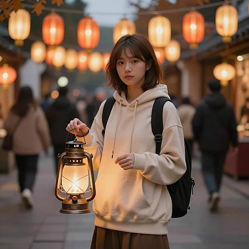 Evening Lantern Festival with Asian Girl