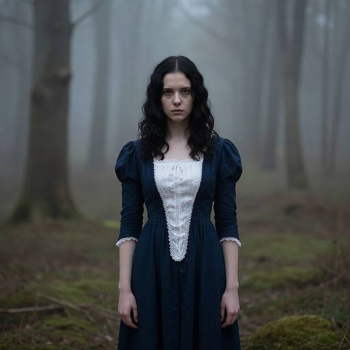Victorian Woman in Foggy Forest