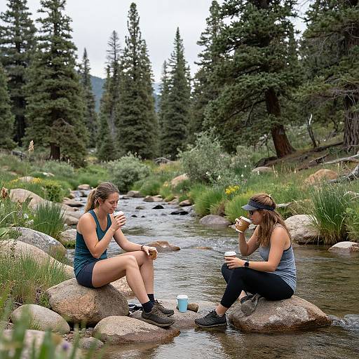 Photograph of two women with athletic builds, in tank tops and shorts, sitting on rocks by a forest stream, drinking from cups, surrounded by tall