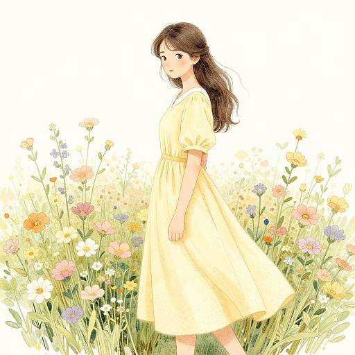 Digital anime-style drawing of a young woman with long brown hair in a yellow dress, standing in a colorful flower field.