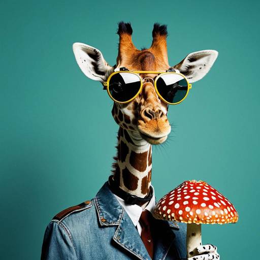 Giraffe Wearing Aviator Sunglasses Holding Mushroom