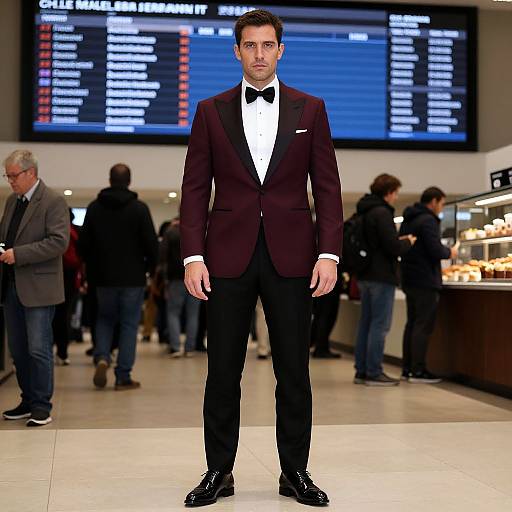 Photograph of a serious-looking man in a black tuxedo with a bow tie, standing in a busy airport terminal with a large departure board in
