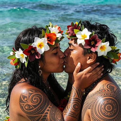 Photograph of a tattooed, dark-haired couple kissing at the shore, both wearing flower crowns, with turquoise water in the background.
