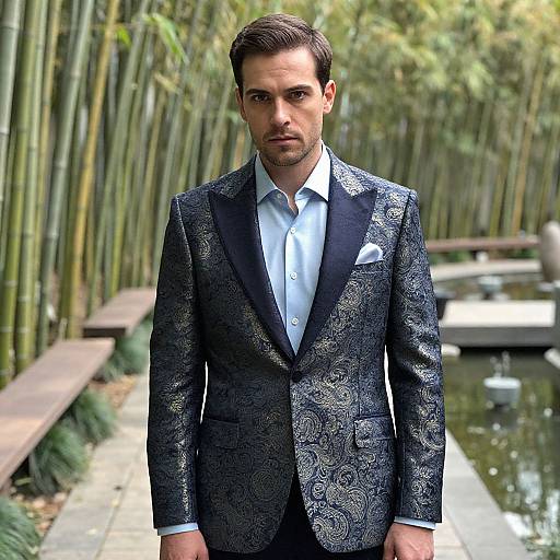 Photograph of a handsome man with short dark hair, wearing a patterned navy suit, white shirt, and pocket square, standing in a bamboo garden