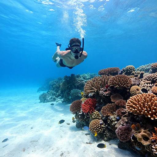 Underwater photograph of a shirtless male snorkeler with black swim trunks, black mask, and snorkel, swimming over vibrant coral reef with diverse