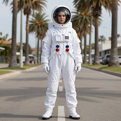 Photorealistic image of a serious woman in a white astronaut suit with a clear helmet, standing on a palm-tree-lined street.
