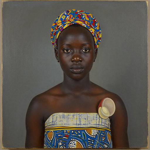 Photograph of a dark-skinned African woman with a colorful, patterned headwrap and blue and yellow beaded dress, wearing a white circular bro
