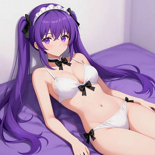 Anime-style digital illustration of a purple-haired girl with long twin-tails, wearing white lace lingerie with black bows, lying on a purple bed. She