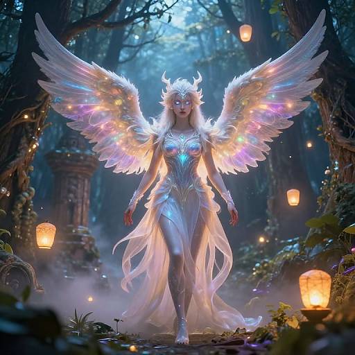 Digital fantasy art of a glowing white-winged angel with horns, wearing a luminous, flowing gown, walking through a mystical forest illuminated by floating lantern