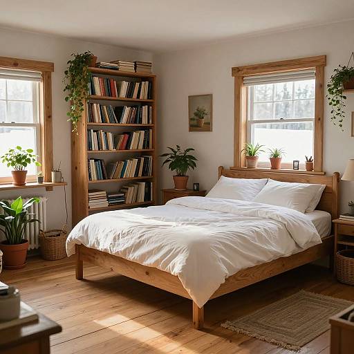 Cozy, sunlit bedroom with wooden bed, white bedding, bookshelf filled with books, potted plants, and two windows, creating a warm