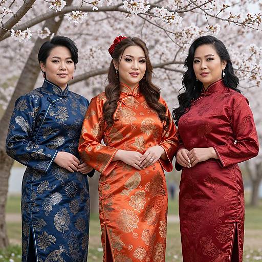 Photograph of three Asian women in traditional Chinese cheongsam dresses; blue, orange, and red, standing under cherry blossom tree.