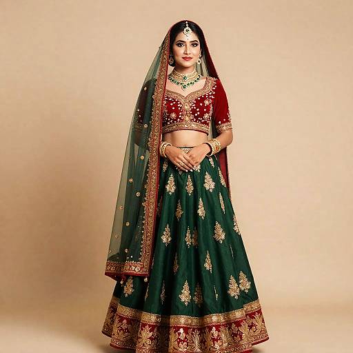 Photograph of a South Asian woman in traditional bridal attire: green and gold lehenga with red dupatta, gold embroidery, red crop top, and