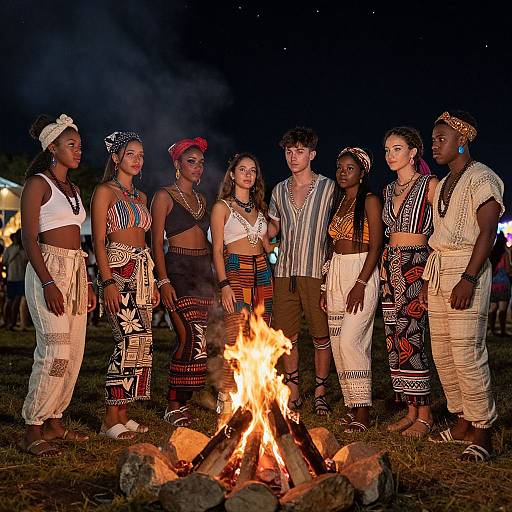 Photograph of seven people in traditional African-inspired attire standing around a campfire at night, with dark sky and stars visible.
