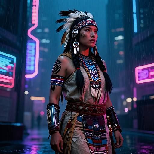 Digital art of a Native American woman with feathered headdress, intricate jewelry, and traditional attire, standing in a neon-lit, rainy city street