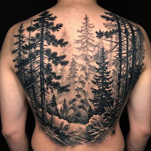 Photograph of a man's back with a detailed black forest tattoo, featuring tall pine trees and dense foliage, stretching from shoulders to lower back.
