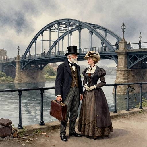 Victorian-era painting: Man in top hat and striped suit, holding briefcase, stands on riverside with woman in brown dress and hat, under