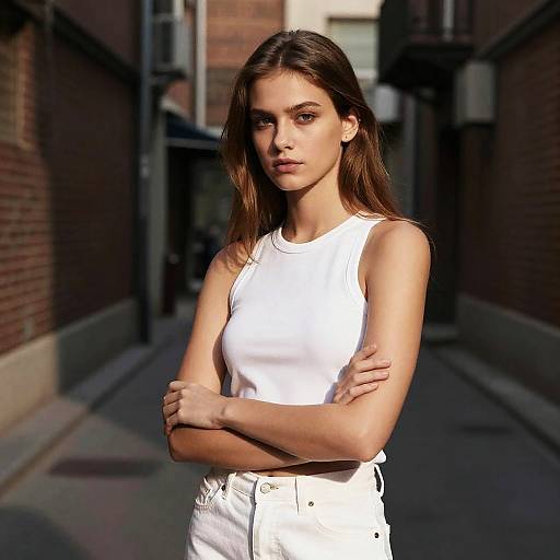 Photograph of a young woman with long brown hair, wearing a white sleeveless top and white high-waisted pants, standing confidently with arms crossed