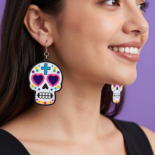 Photograph of a smiling woman with light brown skin, wearing large colorful Day of the Dead skull earrings against a purple background.