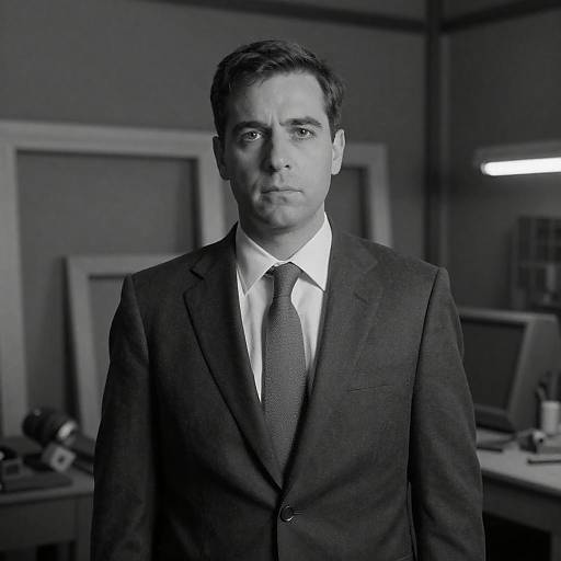 Serious Man in Dark Suit in Workshop