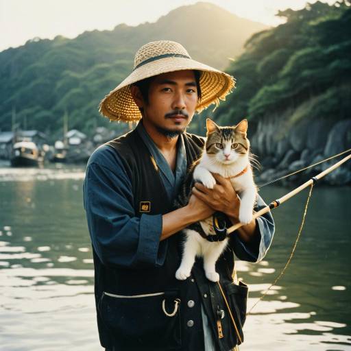 Japanese Fisherman Holding Cat by the Water