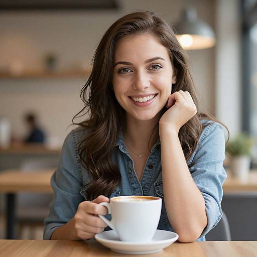 Photograph of a smiling young woman with long brown hair, wearing a denim shirt, holding a white coffee cup on a saucer, seated at a