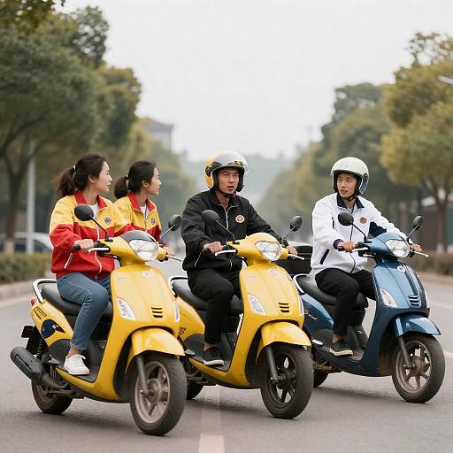 Group of People Riding Motor Scooters Outdoors