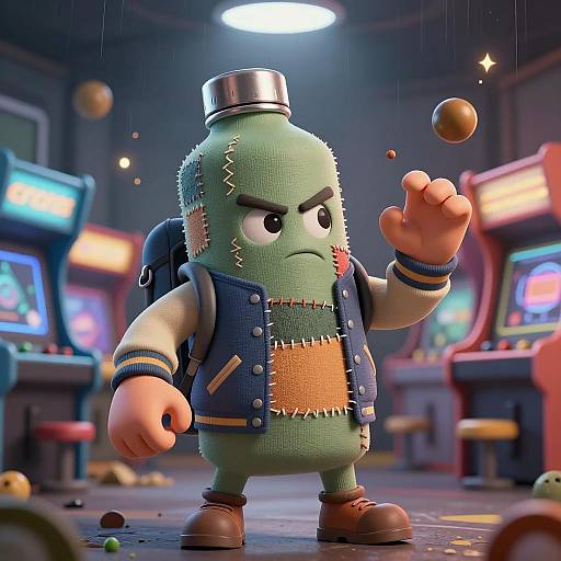 Anthropomorphic Water Bottle Character in Arcade