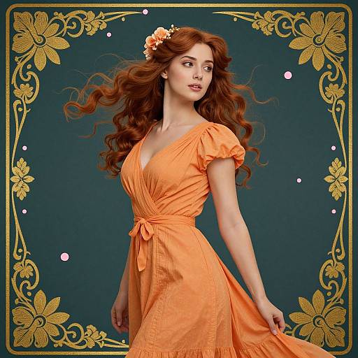 Digitally illustrated redhead woman with flowing hair, wearing an orange, V-neck dress, adorned with a flower, against a dark teal background with gold floral
