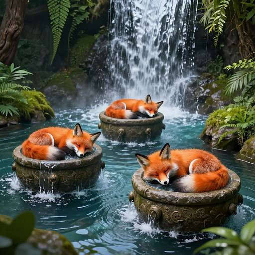 Photorealistic digital artwork of three red foxes sleeping on stone pedestals in a serene, jungle-like waterfall pool surrounded by lush greenery.