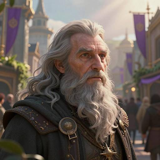 Hyperrealistic Old Wizard in Fantasy City