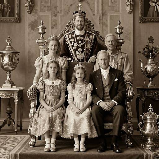 Sepia-toned photograph of royal family: bearded king in ornate crown and regalia, two young girls in dresses, and elderly man in