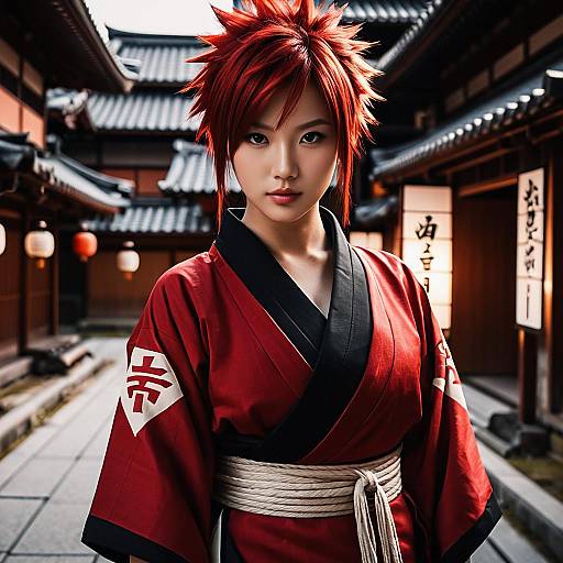 Female Ninja in Red Kimono with Spiky Hair