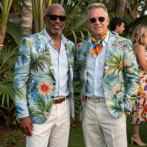 Photograph of two older men in colorful tropical-patterned jackets, white shirts, and khaki pants, standing outdoors with palm trees and people in the