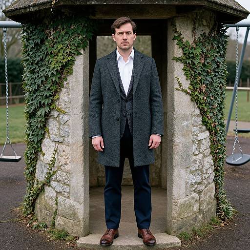 Stylish Man in Ivy-Covered Stone Setting