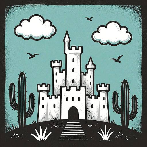 Vintage Woodcut Castle with Cacti