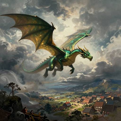 Digital fantasy artwork of a glowing green and gold dragon soaring above a small village with cloudy, dramatic skies.
