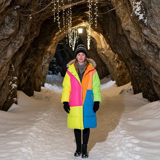 Photograph of a woman in a colorful rainbow winter coat, black beanie, and gloves, standing in a snow-covered cave with hanging icicle lights