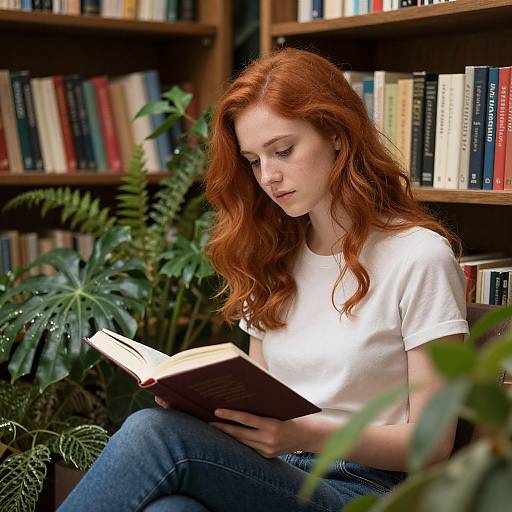 Photograph of a fair-skinned, red-haired woman in a white T-shirt, reading a book in a cozy library with wooden shelves and green plants