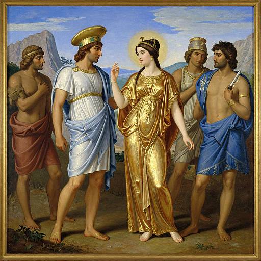 Renaissance-style painting of a haloed, golden-robed woman with dark hair, surrounded by four muscular, shirtless men in ancient Greek attire