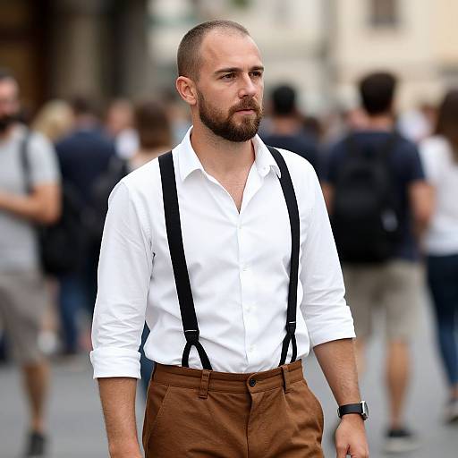 Man in White Shirt with Suspenders