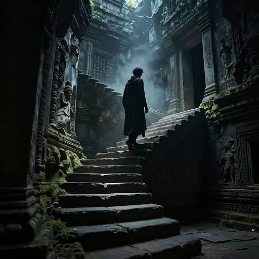 Silhouetted figure in a long coat ascends misty stone steps between ancient, moss-covered, temple ruins; ethereal blue light filters through