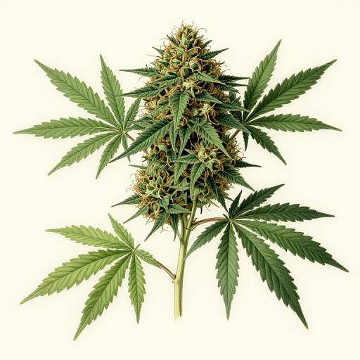 Photograph of a cannabis plant with a dense, cone-shaped bud and green, serrated leaves against a white background.